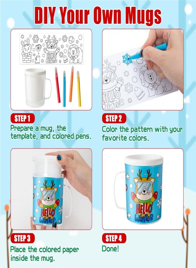 JAPBOR Winter Color Your Own Mugs - 12 Set DIY Christmas Coloring Cups Craft for Kids, 10 oz Xmas Coffee Mugs with 36 Insert Paper and 12 Color Pen for School Class Winter Holiday Party Supplies - Image 3